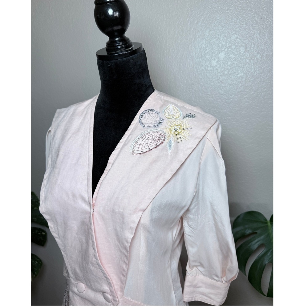 Suzelle Montreal Vintage Pink Silk Ramie Seashell Embroidered Blouse Size 8